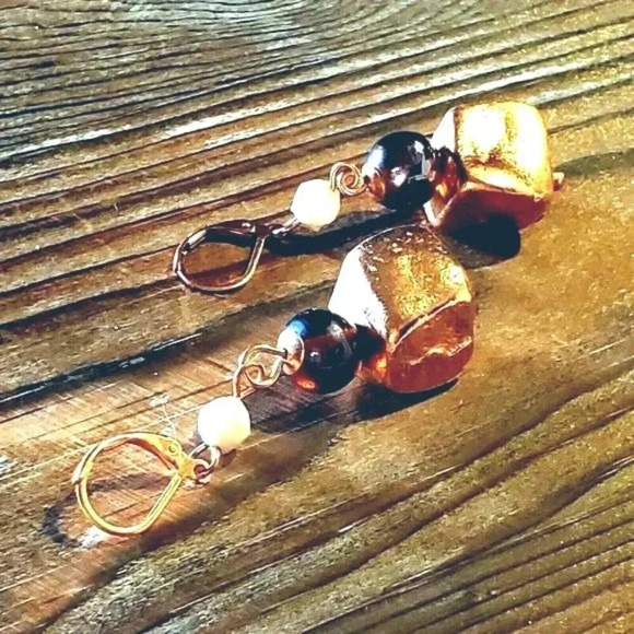 Striking Handcrafted Nepal Copper Dipped Baroque Brass Beads Earrings - Picture 1 of 7